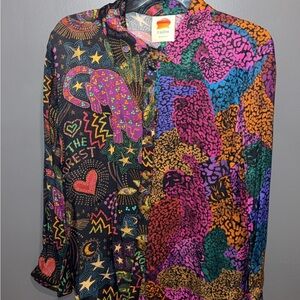 FARM Rio Black Colorful Printed Ecovero™ Viscose Button Down Shirt Size Small
